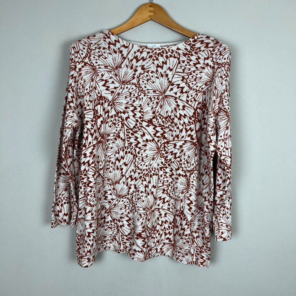 J Jill Sweater Top Womens Large Rust Cream Butterfly‎ Pattern Striped Cuff Knit